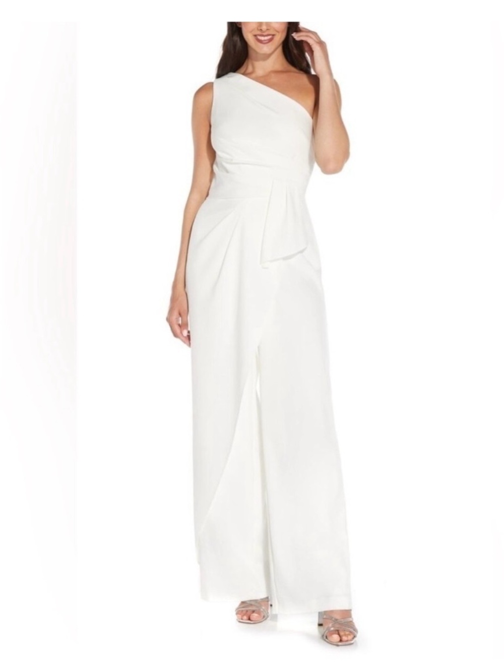 One-Shoulder White Jumpsuit with Draped Waist Tie